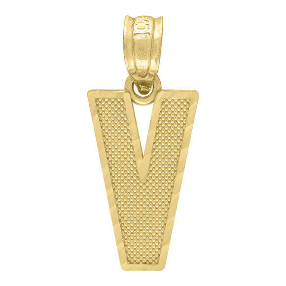 10kt Yellow Gold Unisex Textured Initial Letter V Charm Pendant