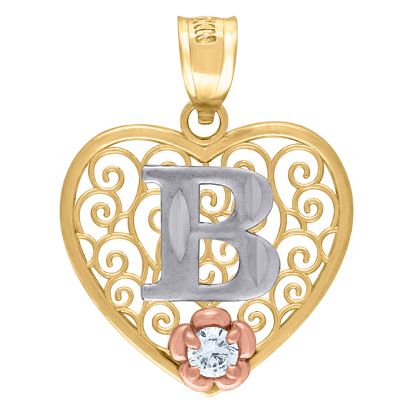 10kt Tri-color Gold Womens Filigree Heart Initial B Charm Pendant