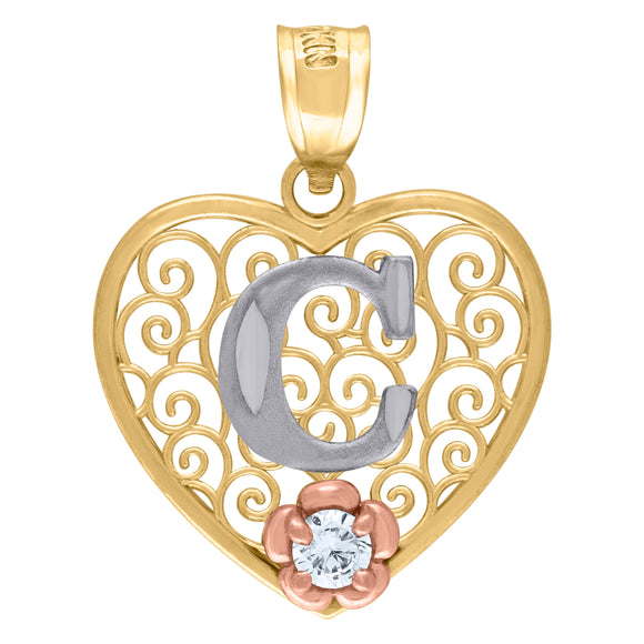 10kt Tri-color Gold Womens Filigree Heart Initial C Charm Pendant