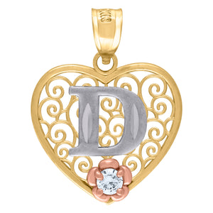 10kt Tri-color Gold Womens Filigree Heart Initial D Charm Pendant