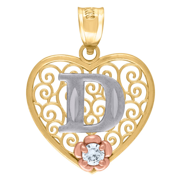 10kt Tri-color Gold Womens Filigree Heart Initial D Charm Pendant