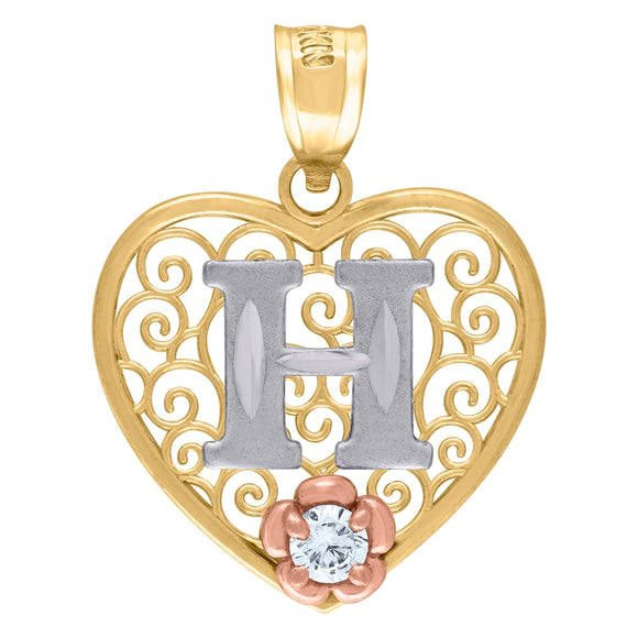 10kt Tri-color Gold Womens Filigree Heart Initial H Charm Pendant