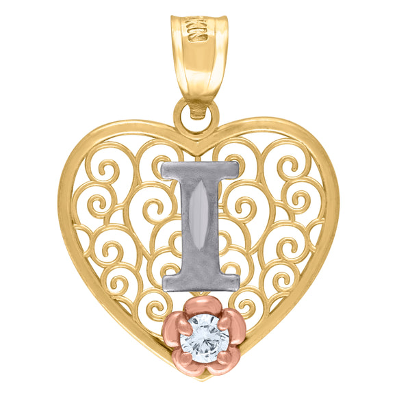10kt Tri-color Gold Womens Filigree Heart Initial I Charm Pendant