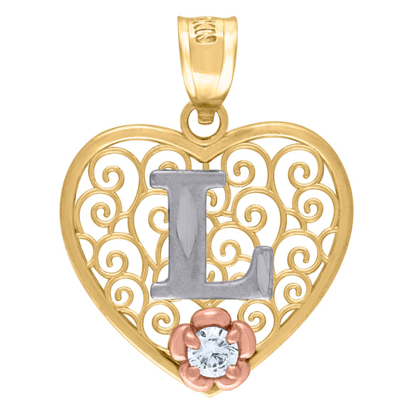 10kt Tri-color Gold Womens Filigree Heart Initial L Charm Pendant