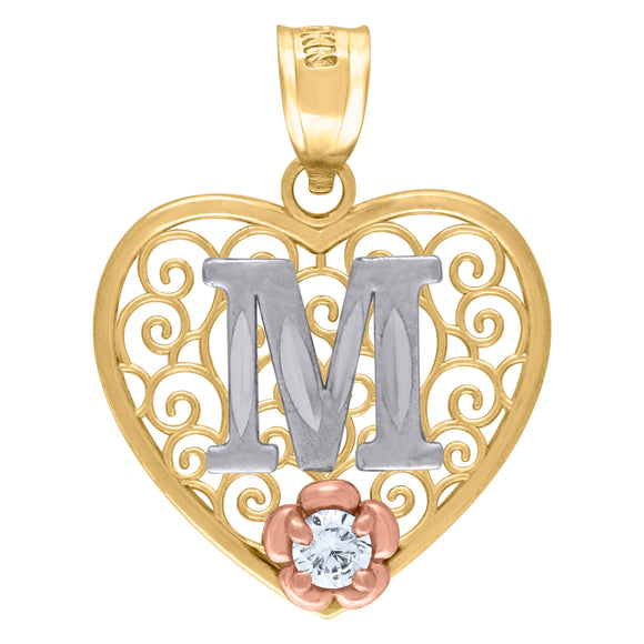 10kt Tri-color Gold Womens Filigree Heart Initial M Charm Pendant
