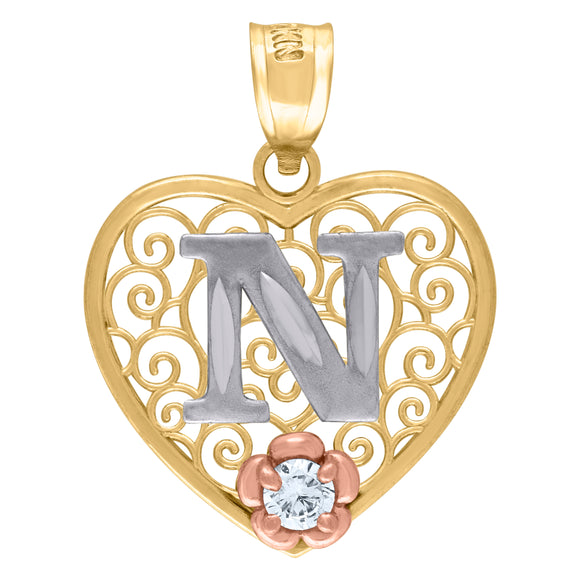 10kt Tri-color Gold Womens Filigree Heart Initial N Charm Pendant