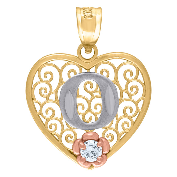 10kt Tri-color Gold Womens Filigree Heart Initial O Charm Pendant