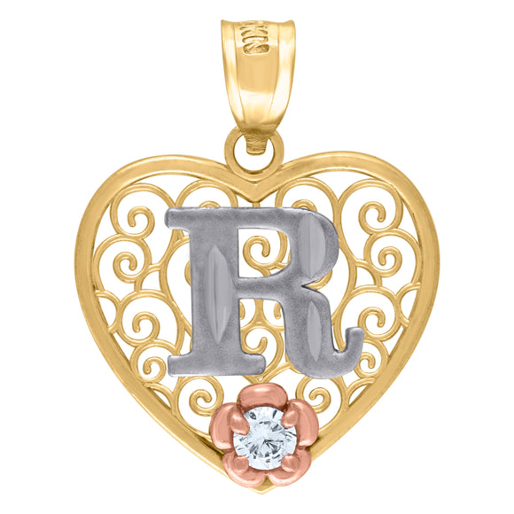 10kt Tri-color Gold Womens Filigree Heart Initial R Charm Pendant