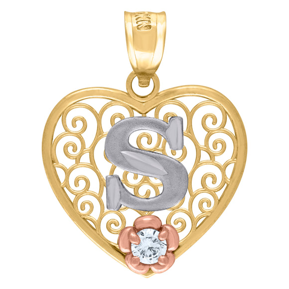 10kt Tri-color Gold Womens Filigree Heart Initial S Charm Pendant