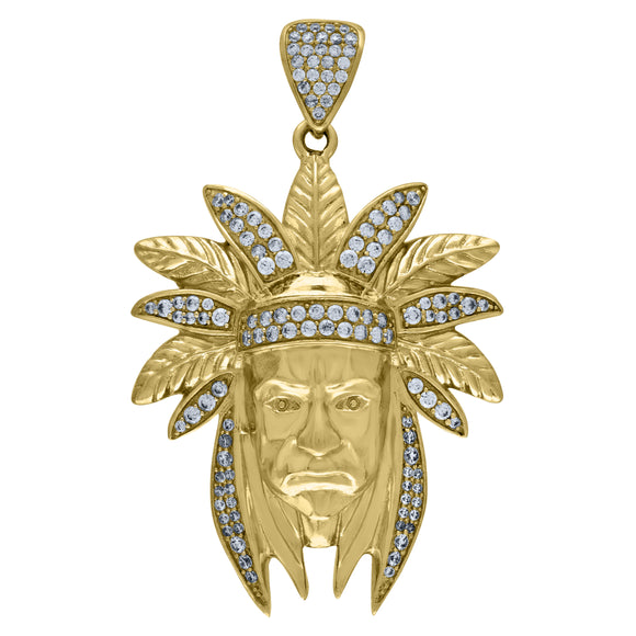 10KT Yellow Gold Mens Cubic Zirconia Native Indian Fashion Charm Pendant