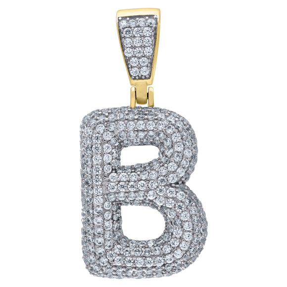 925 Sterling Silver Yellow-tone Unisex CZ Bubble Initial Alphabet B Charm Pendant