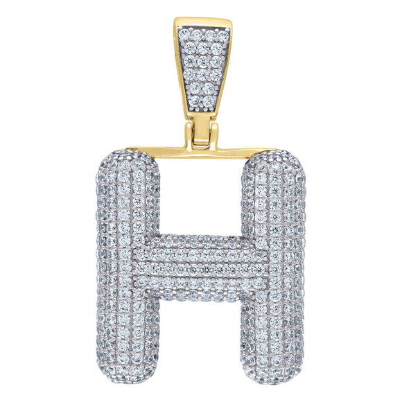 925 Sterling Silver Yellow-tone Unisex CZ Bubble Initial Alphabet H Charm Pendant