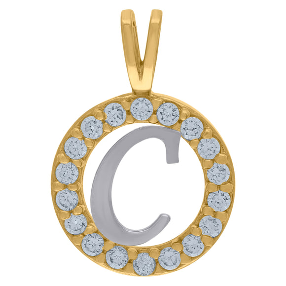 10kt Two-tone Gold Unisex Cubic Zirconia Initial C Round Charm Pendant