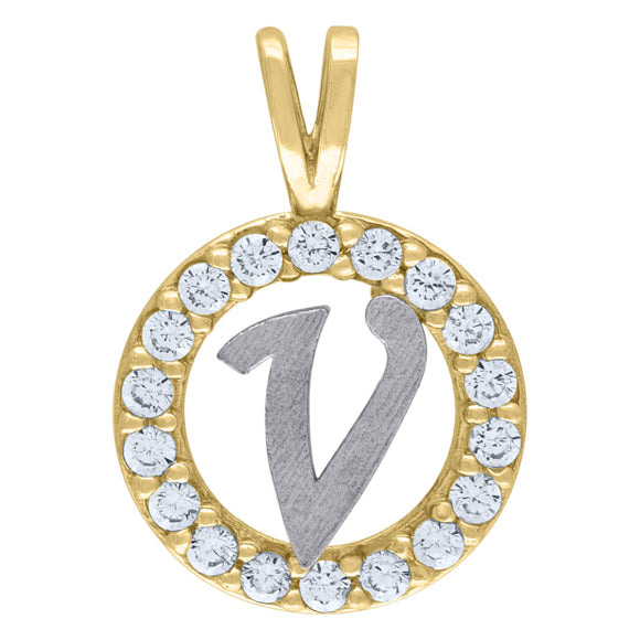 10kt Two-tone Gold Unisex Cubic Zirconia Initial V Round Charm Pendant