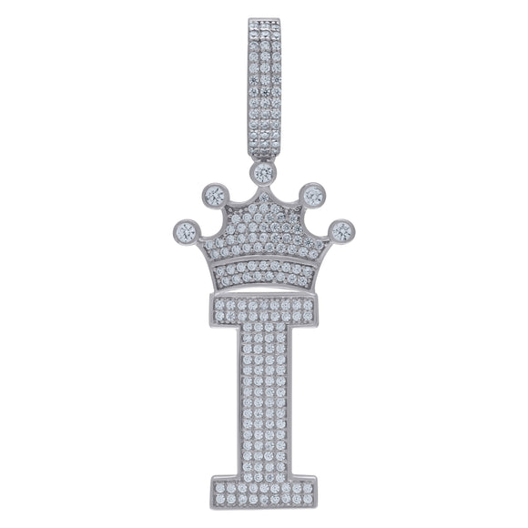 925 Sterling Silver Unisex CZ Initial Alphabet I Crown Charm Pendant