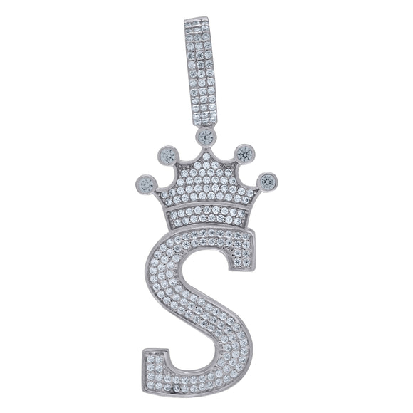 925 Sterling Silver Unisex CZ Initial Alphabet S Crown Charm Pendant