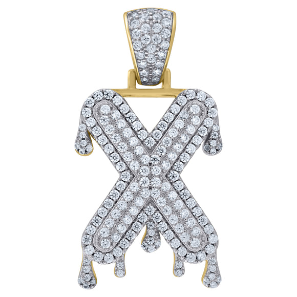 925 Sterling Silver Yellow-tone Unisex CZ Initial Alphabet X Dripping Charm Pendant