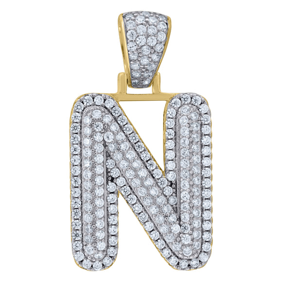 925 Sterling Silver Yellow-tone Unisex CZ Initial Alphabet N Charm Pendant