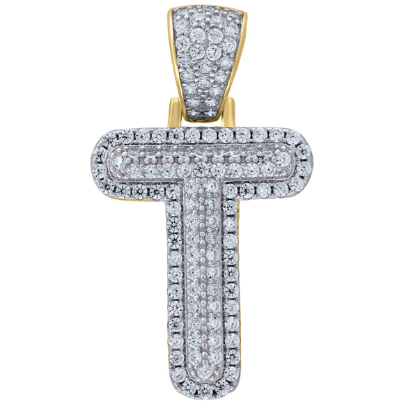 925 Sterling Silver Yellow-tone Unisex CZ Initial Alphabet T Charm Pendant
