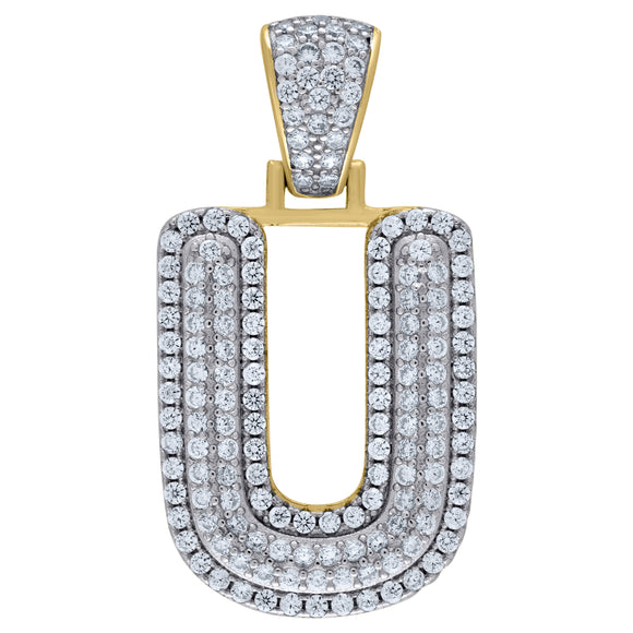 925 Sterling Silver Yellow-tone Unisex CZ Initial Alphabet U Charm Pendant