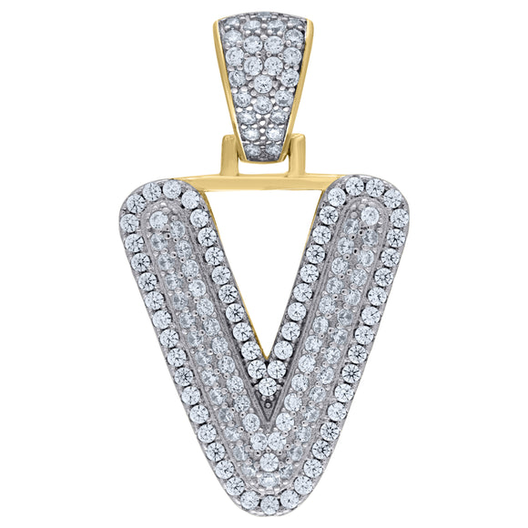 925 Sterling Silver Yellow-tone Unisex CZ Initial Alphabet V Charm Pendant