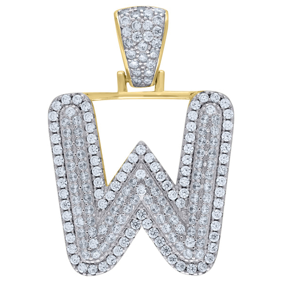 925 Sterling Silver Yellow-tone Unisex CZ Initial Alphabet W Charm Pendant