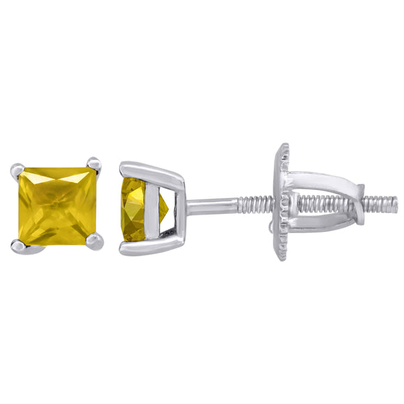 925 Sterling Silver Womens Yellow Princess Cut Cubic Zirconia 4mm Square Classic Studs Earrings