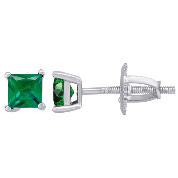 925 Sterling Silver Womens Green Princess Cut Cubic Zirconia 4mm Square Classic Studs Earrings
