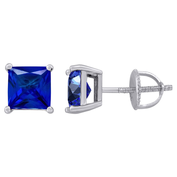 925 Sterling Silver Womens Royal Blue Princess Cut Cubic Zirconia 6mm Square Classic Studs Earrings