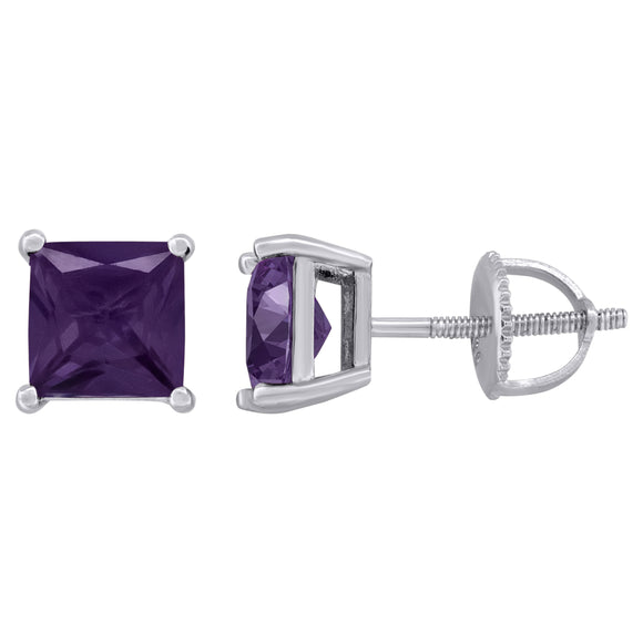 925 Sterling Silver Womens Purple Princess Cut Cubic Zirconia 6mm Square Classic Studs Earrings