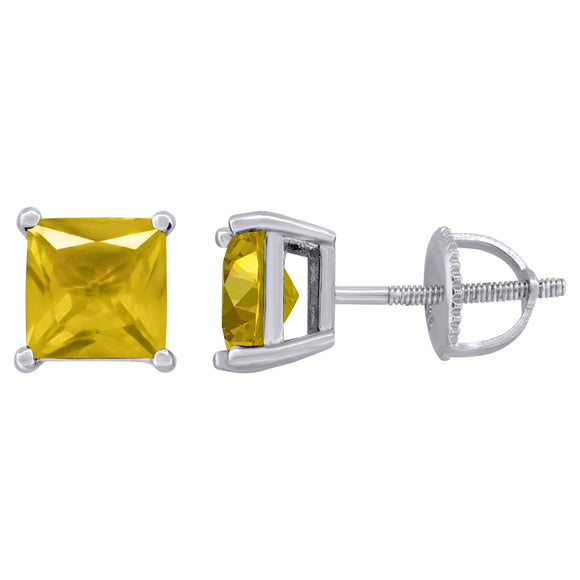925 Sterling Silver Womens Yellow Princess Cut Cubic Zirconia 6mm Square Classic Studs Earrings