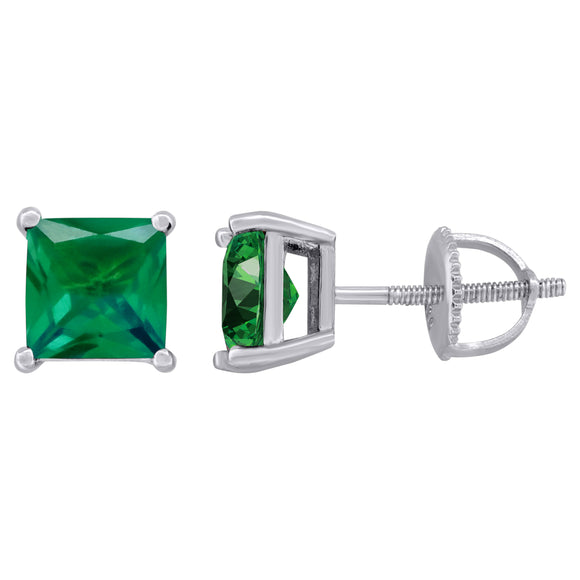 925 Sterling Silver Womens Green Princess Cut Cubic Zirconia 6mm Square Classic Studs Earrings