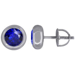 925 Sterling Silver Womens Royal Blue Cubic Zirconia Round Bezel Setting Studs Earrings