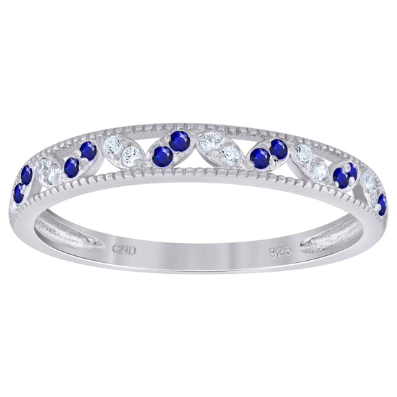 925 Sterling Silver Womens White Royal Blue Cubic Zirconia Semi Eternity Stackable Wedding Band Ring Size 6