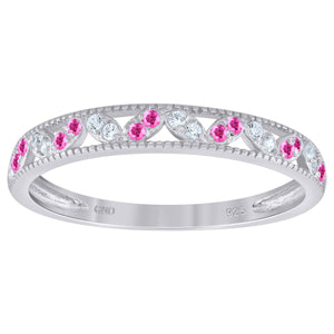 925 Sterling Silver Womens White Pink Cubic Zirconia Semi Eternity Stackable Wedding Band Ring Size 6