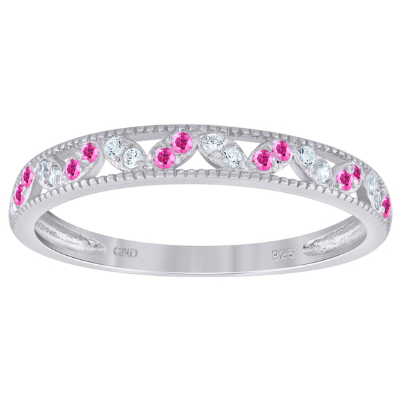 925 Sterling Silver Womens White Pink Cubic Zirconia Semi Eternity Stackable Wedding Band Ring Size 6
