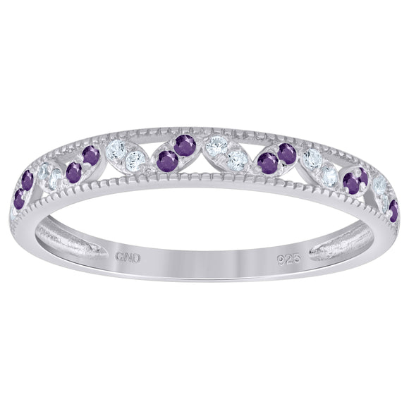 925 Sterling Silver Womens White Purple Cubic Zirconia Semi Eternity Stackable Wedding Band Ring Size 6