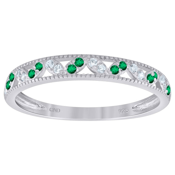 925 Sterling Silver Womens White Green Cubic Zirconia Semi Eternity Stackable Wedding Band Ring Size 7