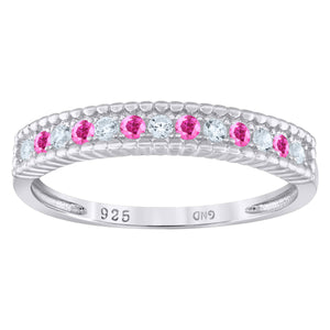 925 Sterling Silver Womens White Pink Cubic Zirconia Semi Eternity Stackable Wedding Band Ring Size 6