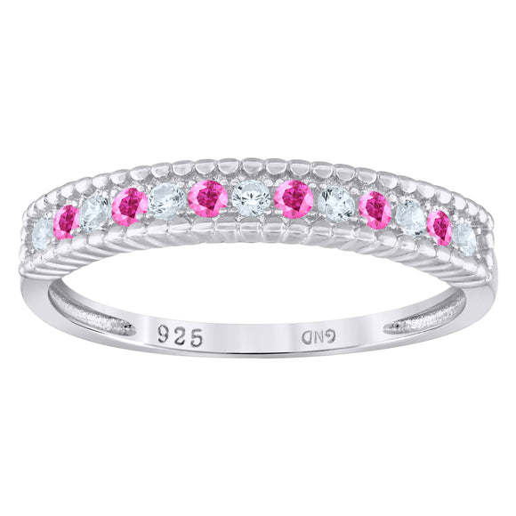 925 Sterling Silver Womens White Pink Cubic Zirconia Semi Eternity Stackable Wedding Band Ring Size 6