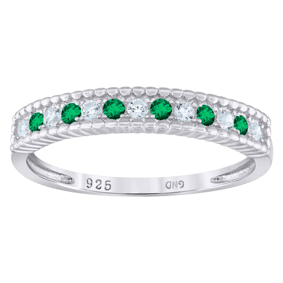 925 Sterling Silver Womens White Green Cubic Zirconia Semi Eternity Stackable Wedding Band Ring Size 7
