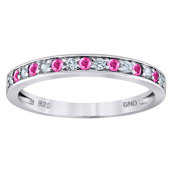 925 Sterling Silver Womens White Pink Cubic Zirconia Semi Eternity Stackable Wedding Band Ring Size 7