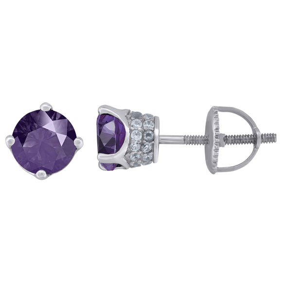 925 Sterling Silver Womens Purple Cubic Zirconia 6mm Round Classic Studs Earrings