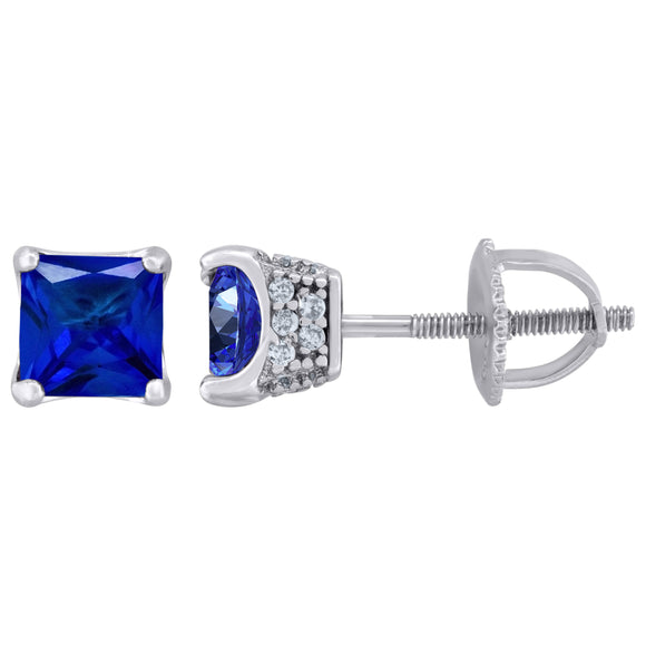 925 Sterling Silver Womens Royal Blue Princess Cut Cubic Zirconia 5mm Square Classic Studs Earrings