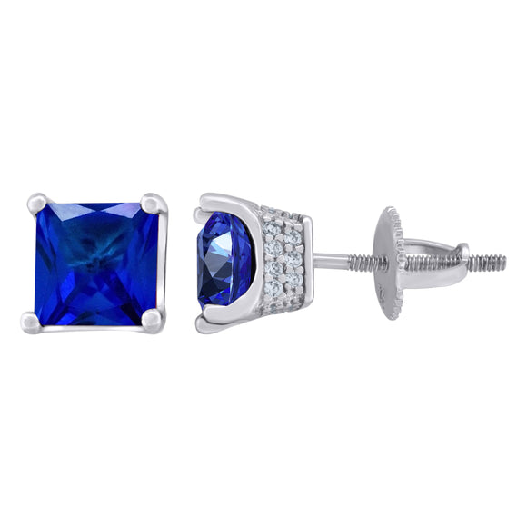 925 Sterling Silver Womens Royal Blue Princess Cut Cubic Zirconia 6mm Square Classic Studs Earrings