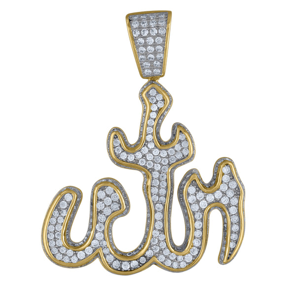 925 Sterling Silver Yellow-tone Unisex Cubic Zirconia Religious Allah Charm Pendant