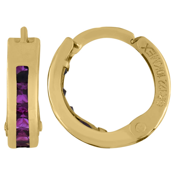 10kt Yellow Gold Womens Princess-cut Purple Cubic Zirconia Huggie Hoop Earrings