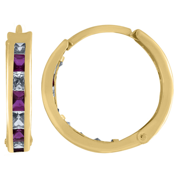 10kt Yellow Gold Womens Princess-cut Purple Cubic Zirconia Huggie Hoop Earrings