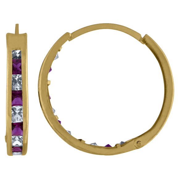 10kt Yellow Gold Womens Princess-cut Purple Cubic Zirconia Huggie Hoop Earrings