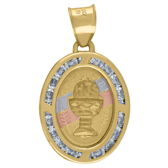 10kt Tri-Color Gold Unisex Cubic Zirconia Cubic-zirconia Goblet Holy Communion Religious Oval Charm Pendant